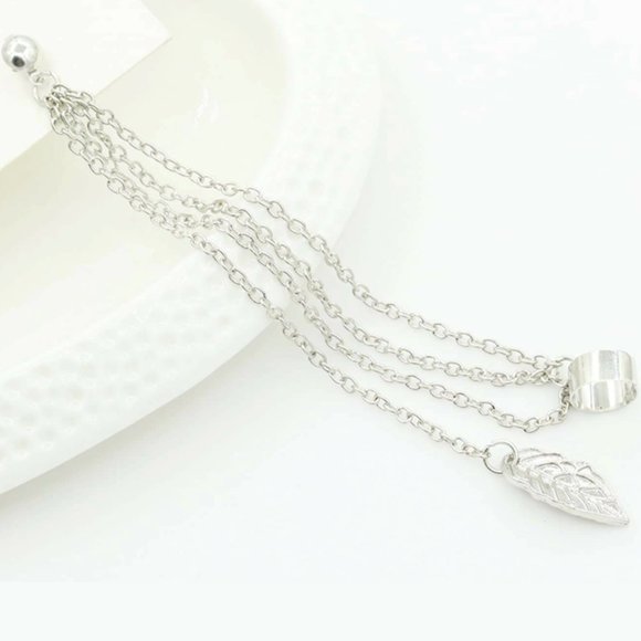 NEW Leaf Chain Earring Cuff Silver Color - Picture 3 of 3